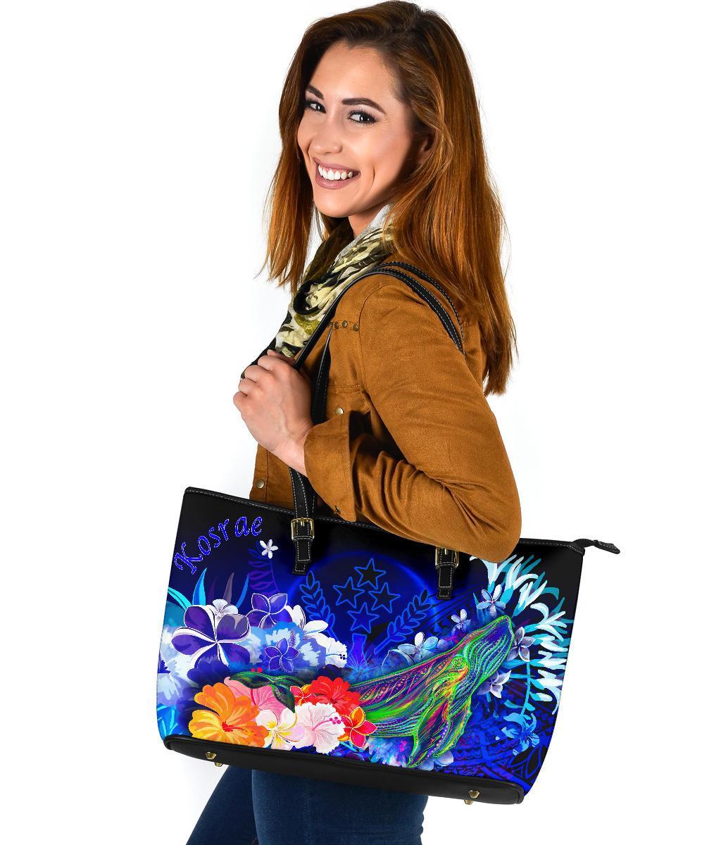 Kosrae Large Leather Tote Bag - Humpback Whale with Tropical Flowers (Blue) - Polynesian Pride