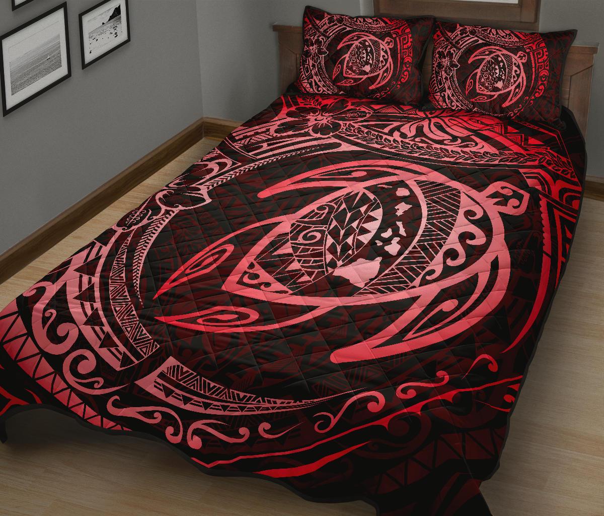 Hawaiian Map Turtle Polynesian Quilt Quilt Bedding Set Circle Red - Polynesian Pride