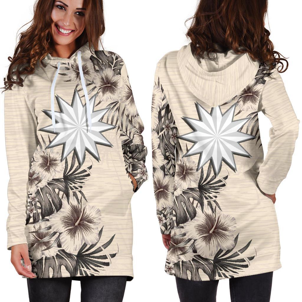 Nauru Hoodie Dress - Nauru Flag & Beige Hibiscus - Polynesian Pride