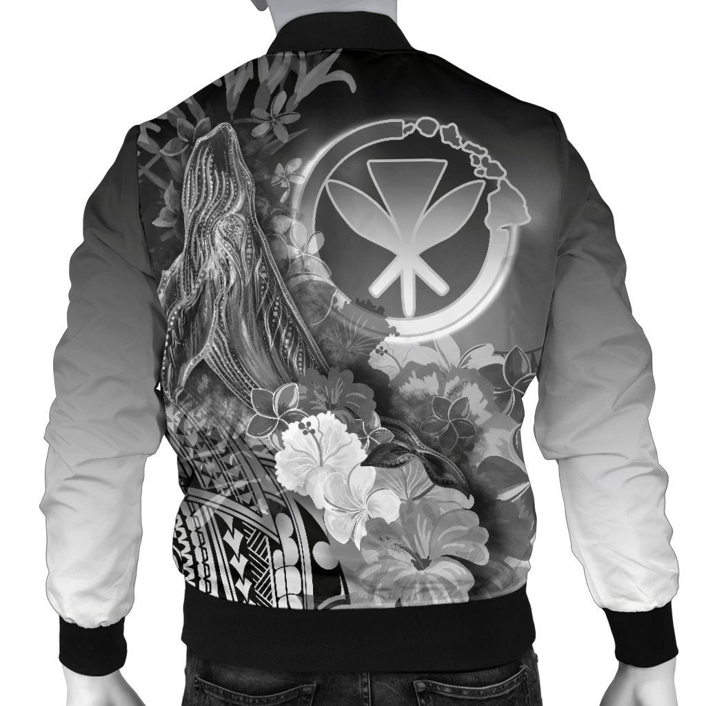 Polynesian Hawaii Custom Personalised Men's Bomber Jacket - Kanaka Maoli Humpback Whale with Tropical Flowers (White) - Polynesian Pride