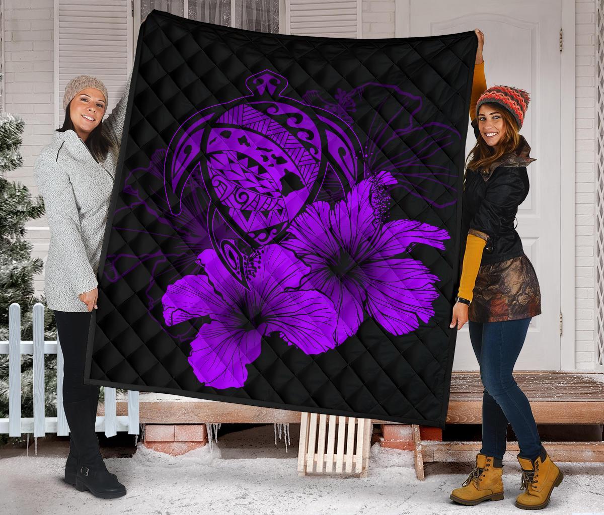 Hawaii Hibiscus Premium Quilt - Turtle Map - Purple - Polynesian Pride