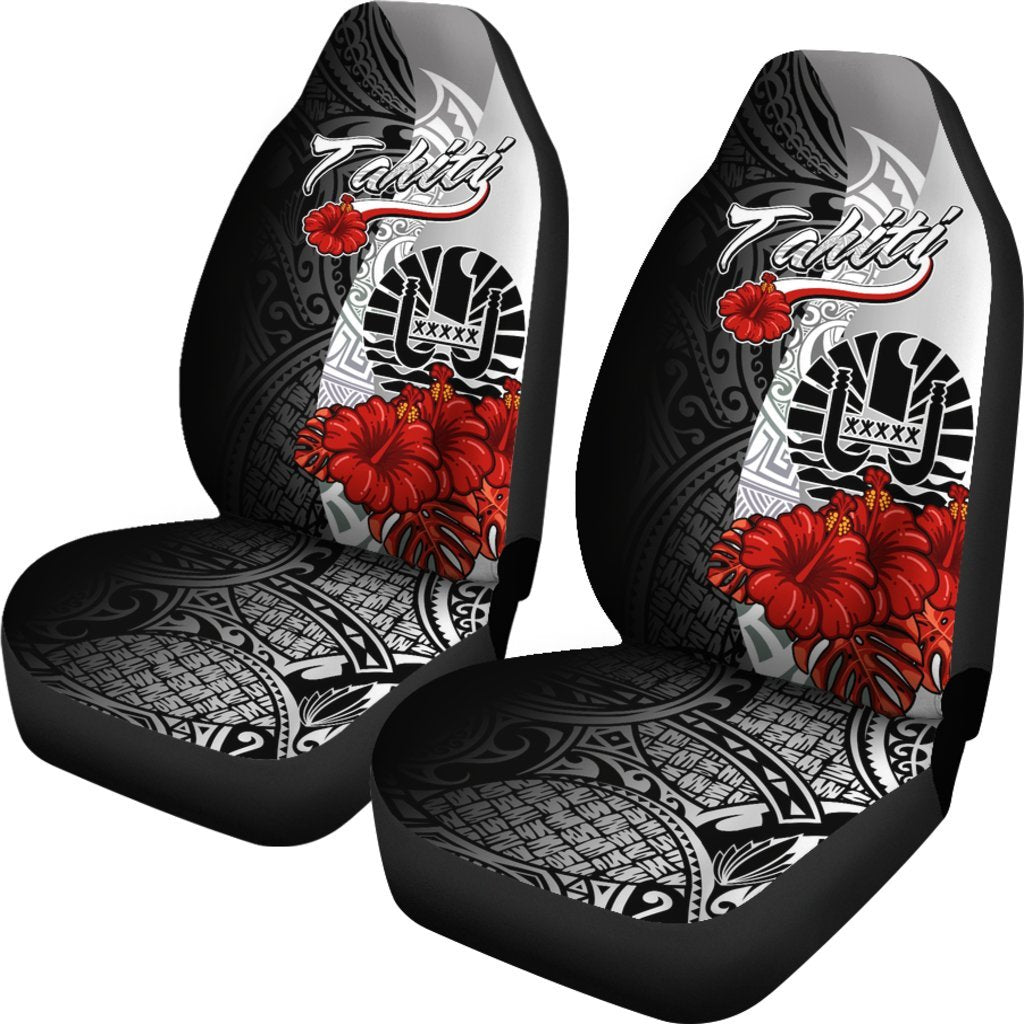 Tahiti Polynesian Car Seat Covers - Coat Of Arm With Hibiscus White - Polynesian Pride