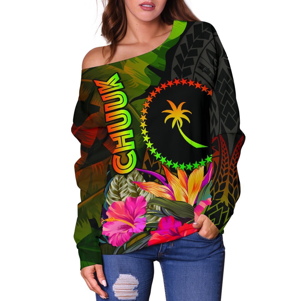 Chuuk Polynesian Women's Off Shoulder Sweater - Hibiscus and Banana Leaves - Polynesian Pride