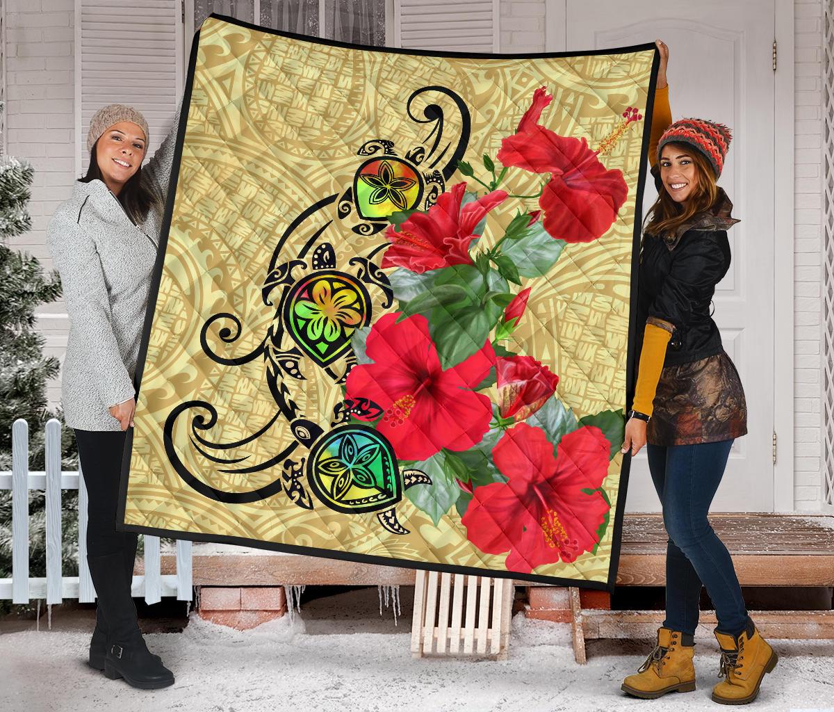 Hawaiian Marble Turtles Hibiscus Premium Quilt - Polynesian Pride