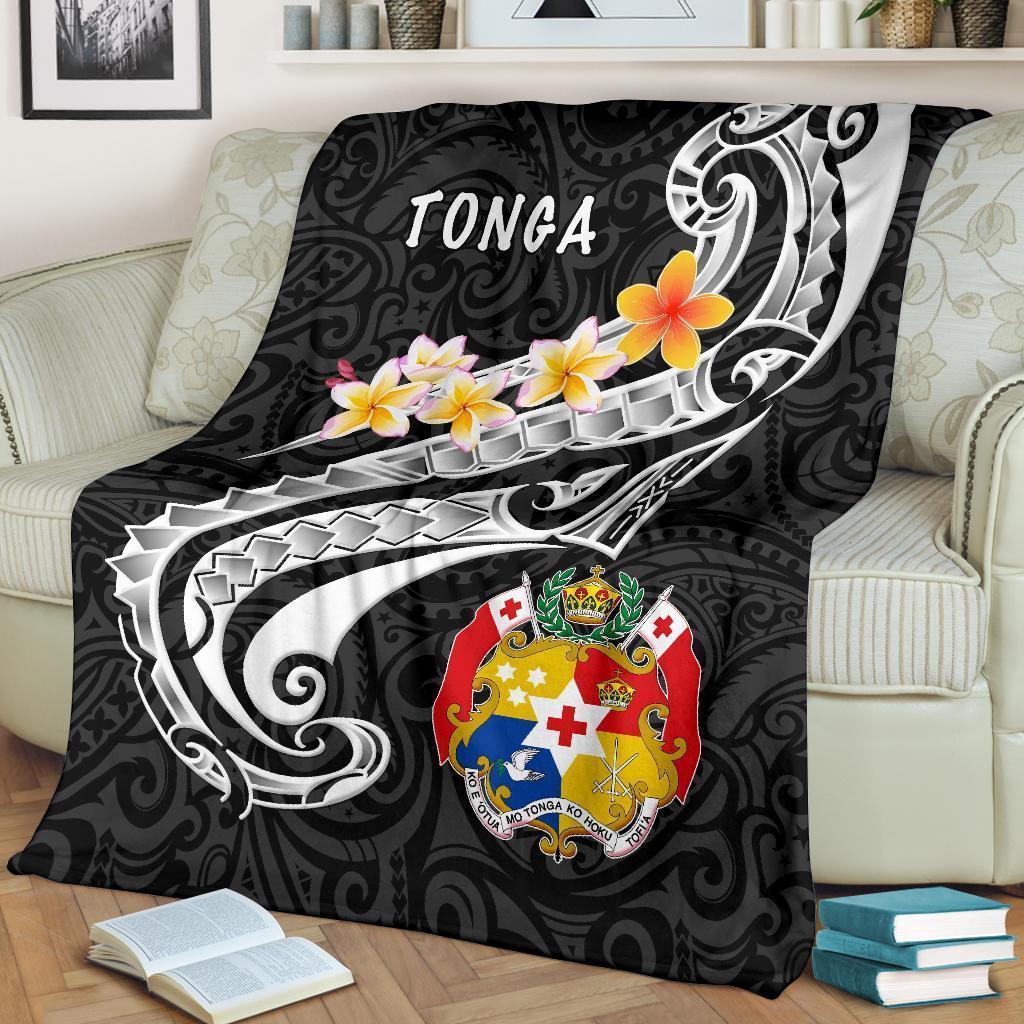 Tonga Premium Blanket - Tonga Seal Polynesian Patterns Plumeria (Black) White - Polynesian Pride