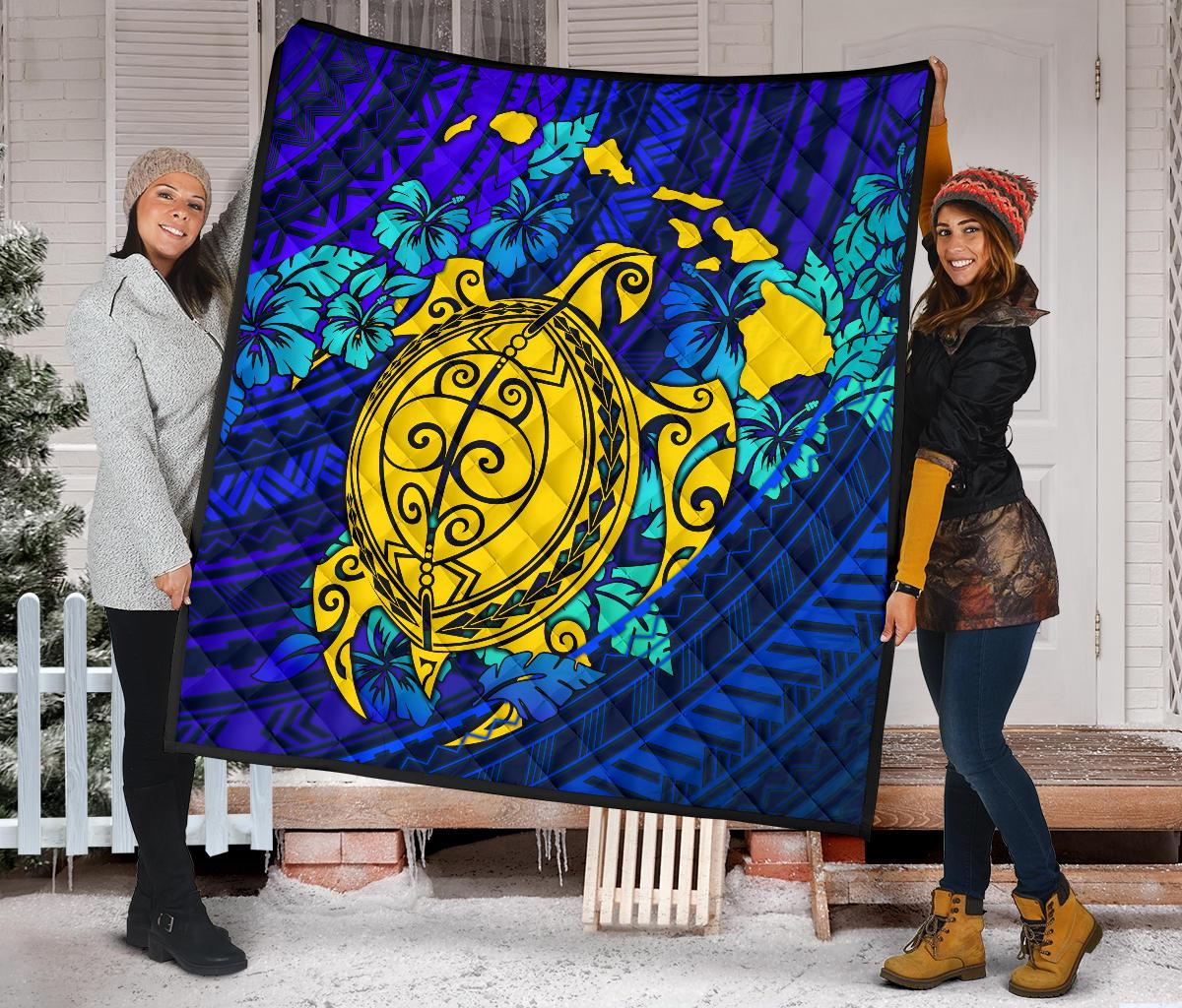 Hawaii Polynesian Premium Quilt - Hawaii Yellow Turtle Map & Torquoise Hibiscus - Polynesian Pride