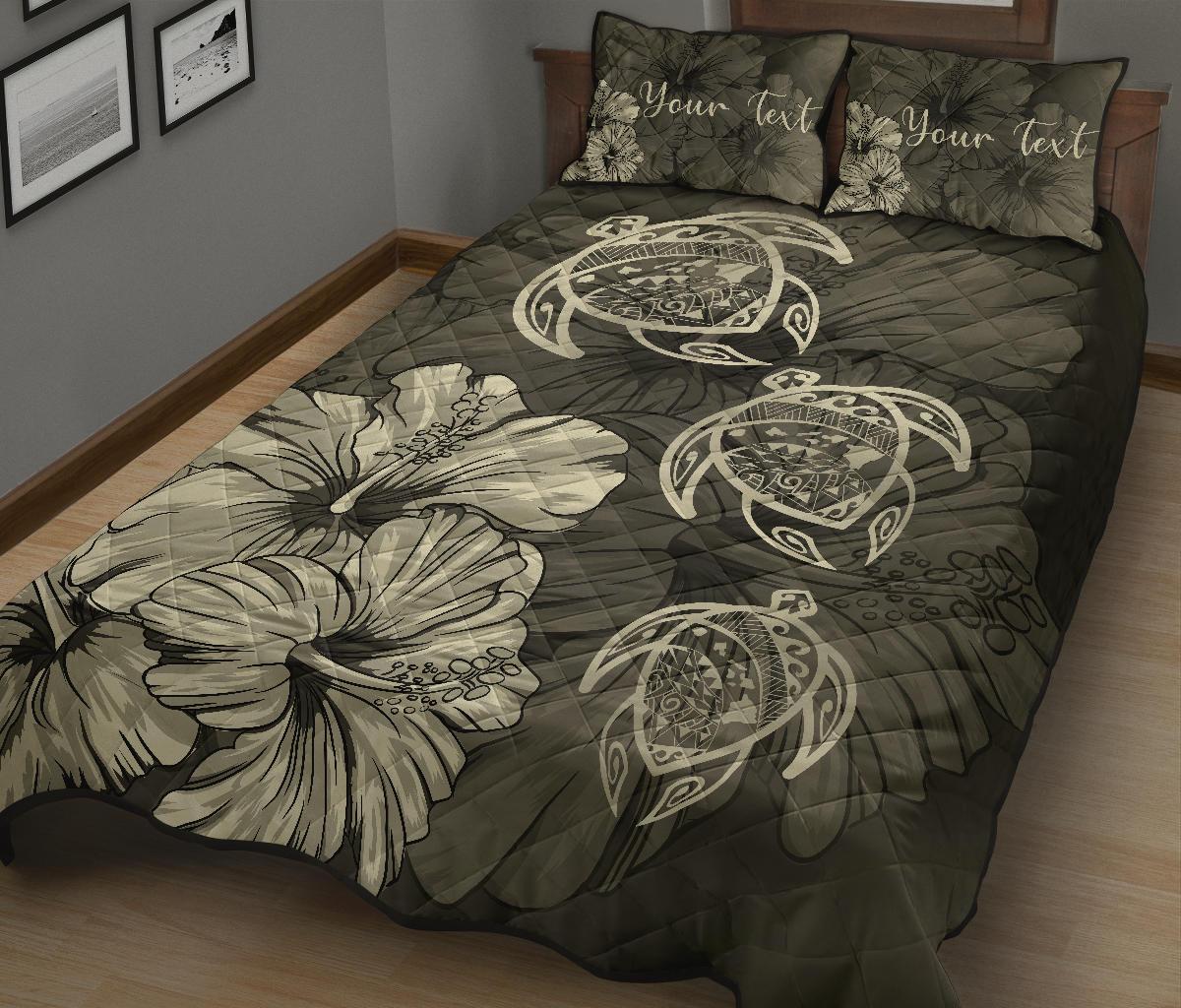 Personalized - Hawaii Map Turtles Hibiscus Quilt Bed Set - Beige - Polynesian Pride