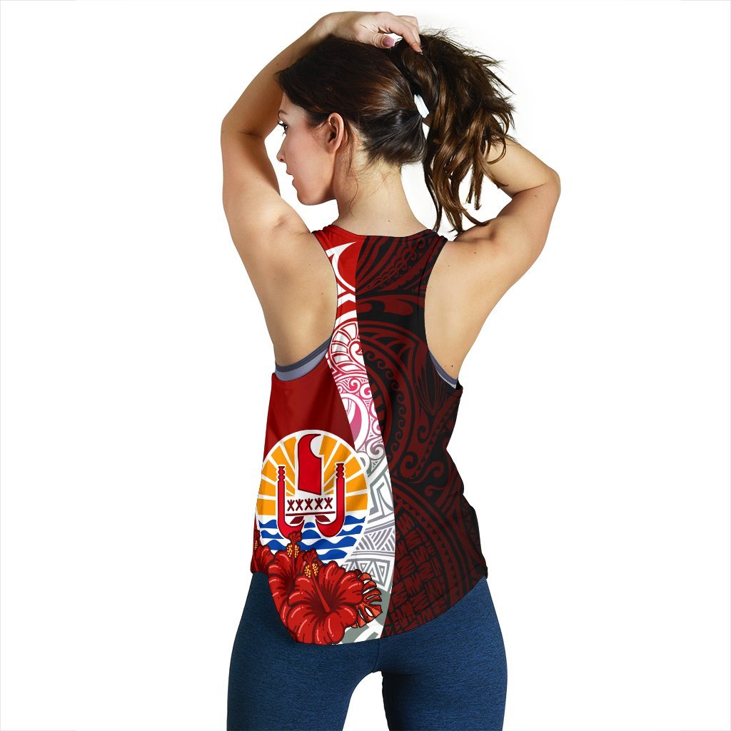 Tahiti Polynesian Women's Racerback Tank - Coat Of Arm With Hibiscus - Polynesian Pride