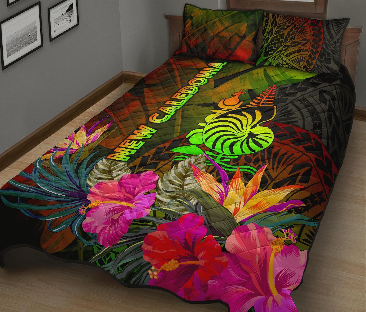 New Caledonia Polynesian Quilt Bed Set - Hibiscus and Banana Leaves - Polynesian Pride