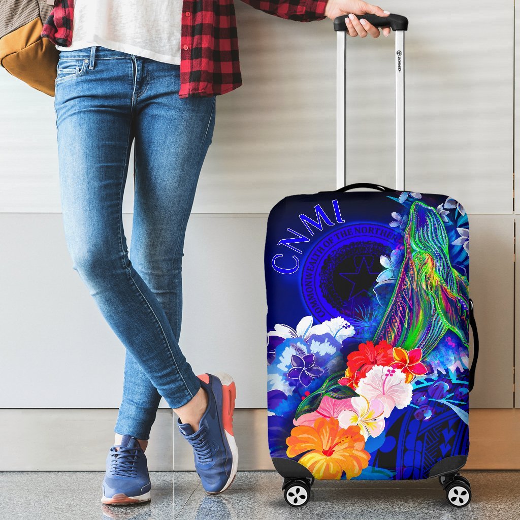 CNMI Luggage Covers - Humpback Whale with Tropical Flowers (Blue) Blue - Polynesian Pride