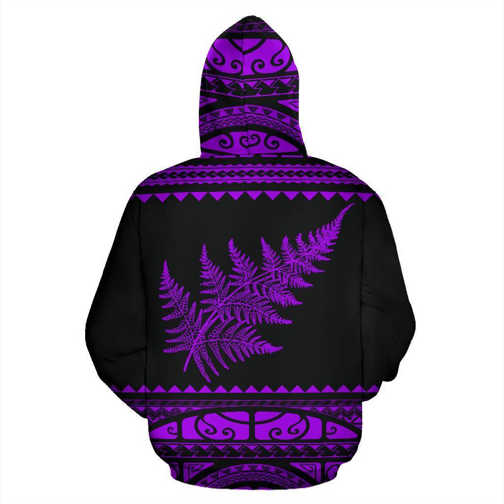 New Zealand Maori Hoodie, Aotearoa Silver Fern Pullover Hoodie Purple - Polynesian Pride
