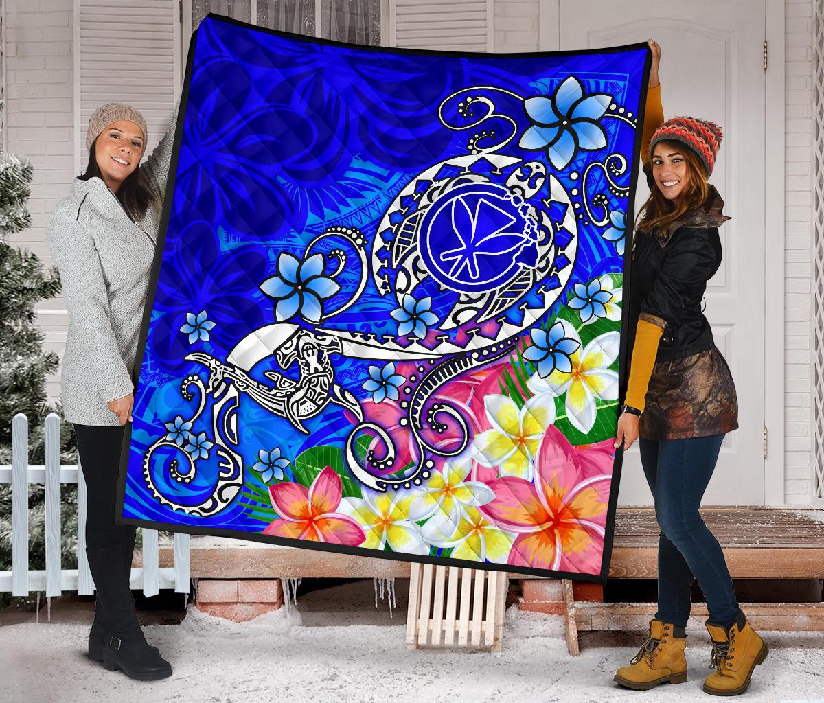 Hawaii Premium Quilt - Turtle Plumeria Polynesian Tattoo Blue Color - Polynesian Pride