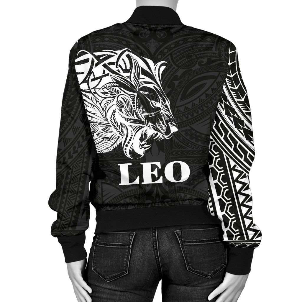 Sun In Leo Zodiac Women Bomber Jacket Polynesian Tattoo Simple - White - Polynesian Pride