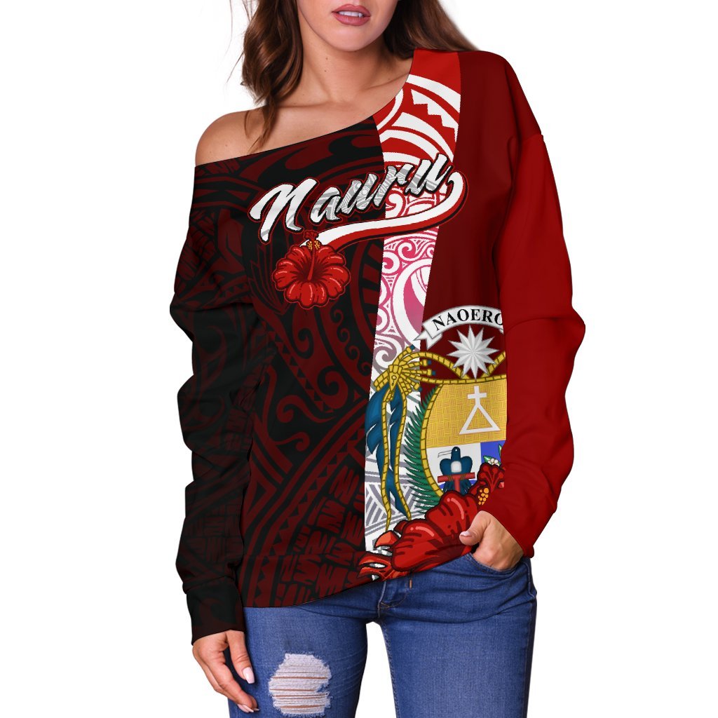 Nauru Polynesian Women's Off Shoulder Sweater - Coat Of Arm With Hibiscus - Polynesian Pride