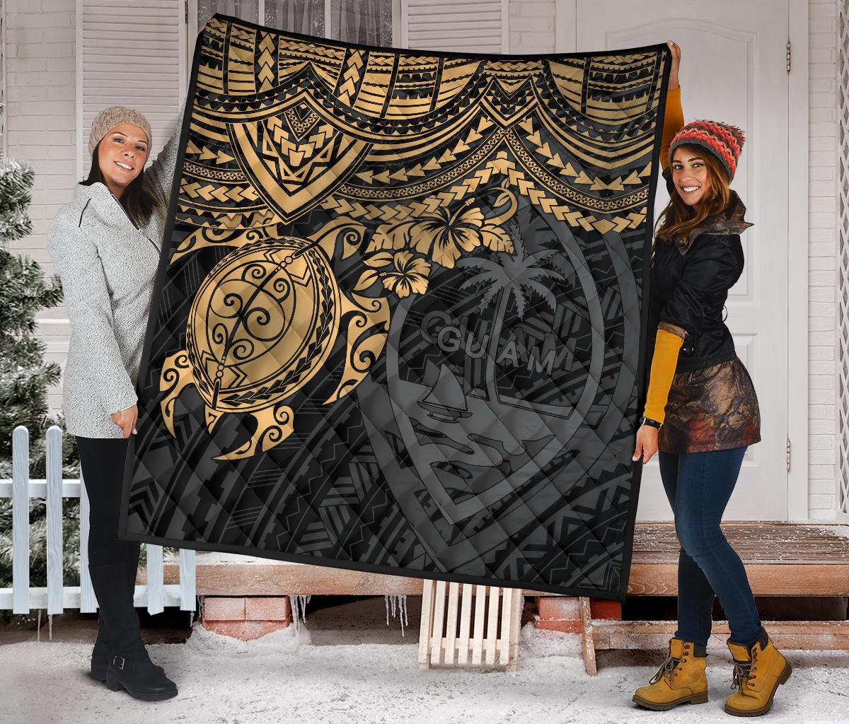 Guam Polynesian Premium Quilt - Guam Coat Of Arms & Golden Turtle Hibiscus - Polynesian Pride