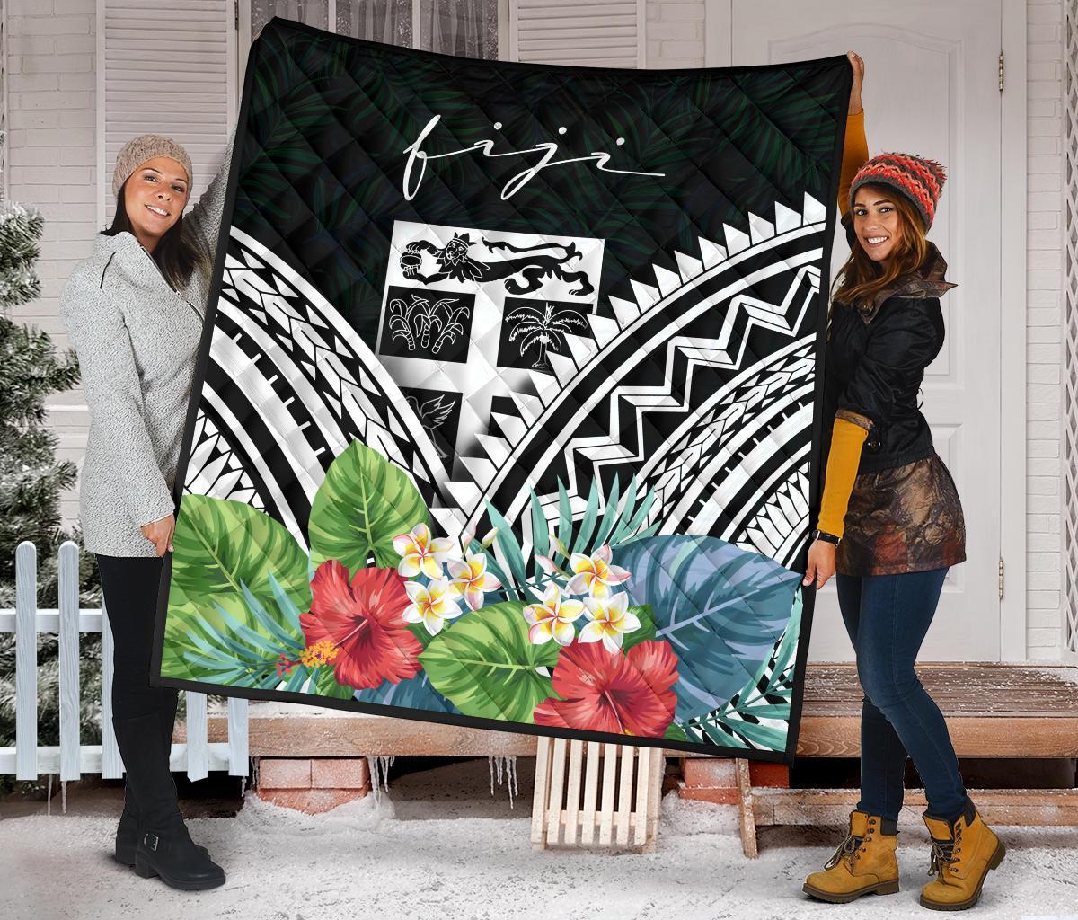 Fiji Premium Quilt - Fiji Coat of Arms & Polynesian Tropical Flowers White - Polynesian Pride