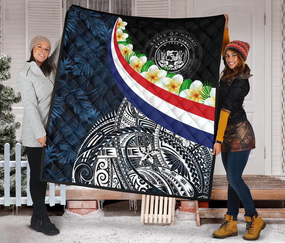 Polynesian Hawaii Premium Quilt - Hawaii Seal With Plumeria Style - Polynesian Pride
