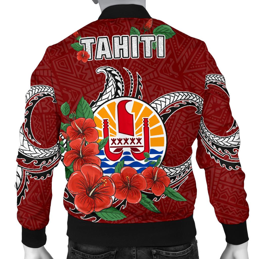 Tahiti Polynesian Men Bomber Jacket - Hibiscus Coat of Arm Red - Polynesian Pride