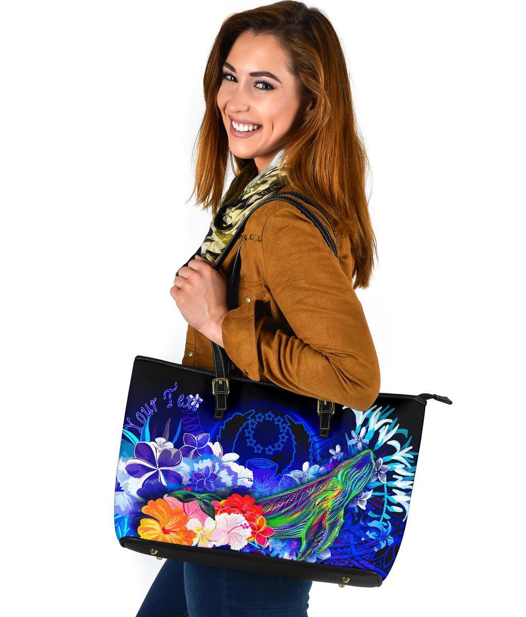 Pohnpei Custom Personalised Leather Tote Bag - Humpback Whale with Tropical Flowers (Blue) - Polynesian Pride