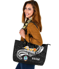 Guam Leather Tote Bag - Guam Seal Polynesian Patterns Plumeria (Black) - Polynesian Pride