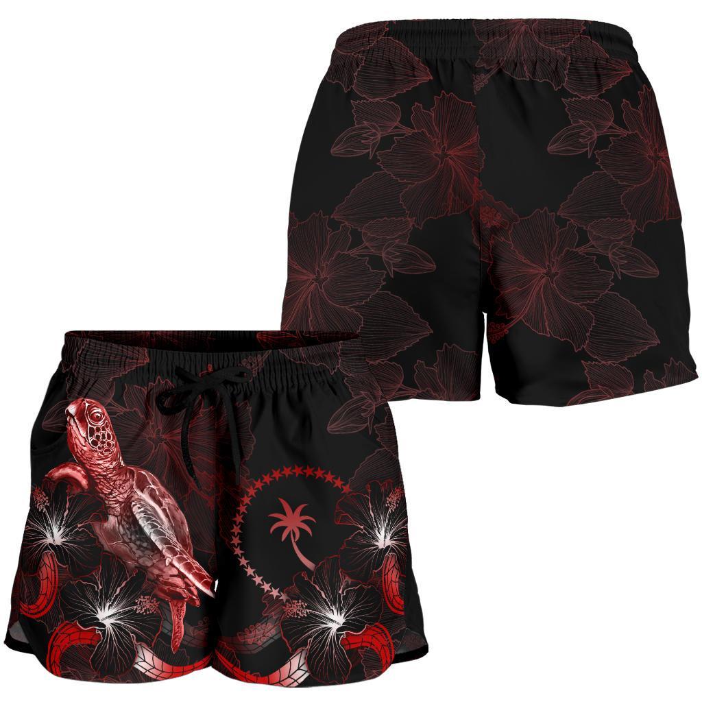 Chuuk Polynesian Women's Shorts - Turtle With Blooming Hibiscus Red - Polynesian Pride