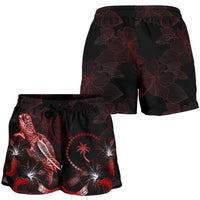 Chuuk Polynesian Women's Shorts - Turtle With Blooming Hibiscus Red - Polynesian Pride