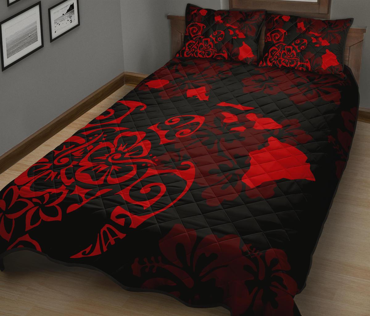 Turtle Hibiscus Map Red Quilt Bed Set - Polynesian Pride