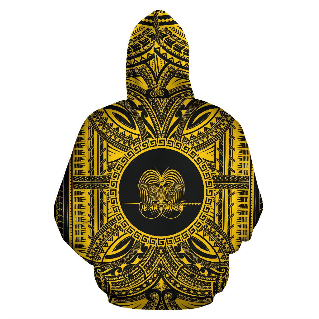 Papua New Guinea ll Over Hoodie Papua New Guinea Coat of rms Polynesian Gold Black - Polynesian Pride