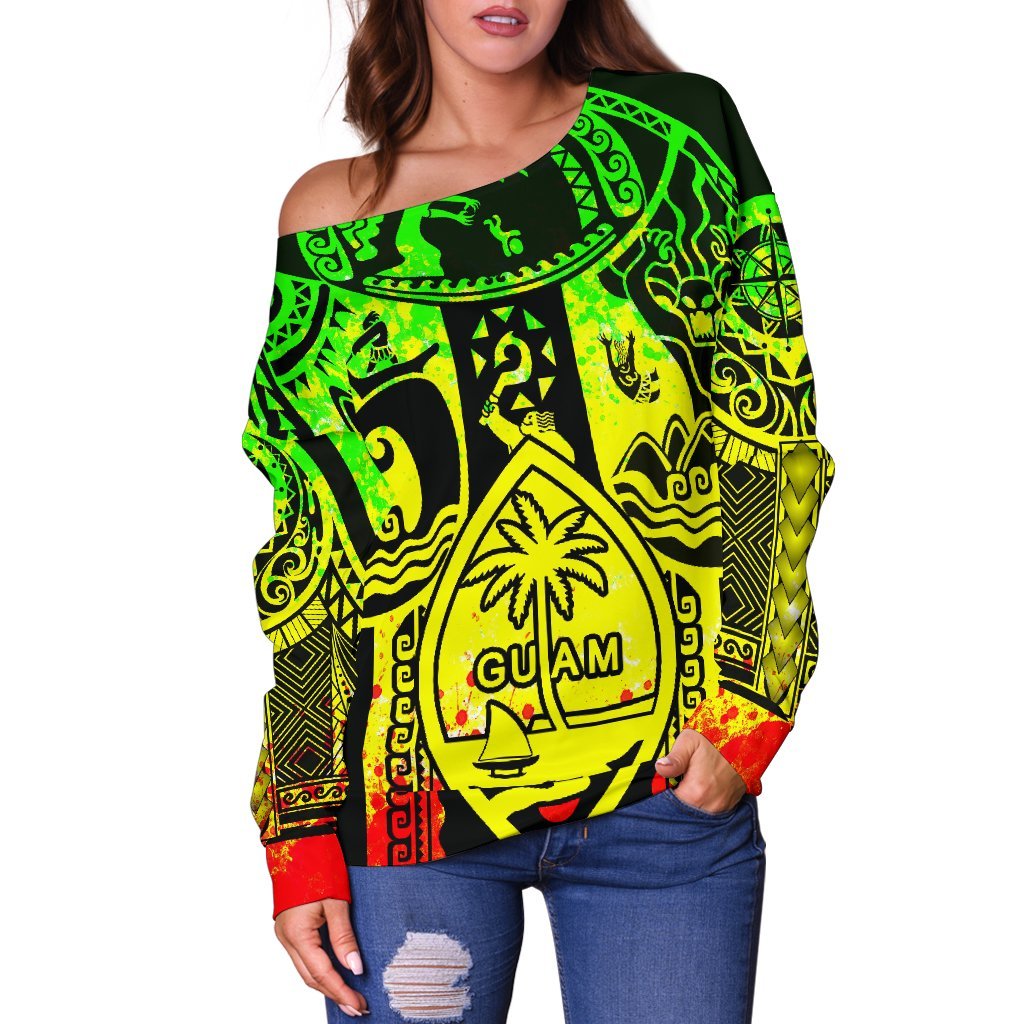 Polynesian Off Shoulder Sweaters - Guam Flag, Seal with Maui Moana Tattoo - Polynesian Pride