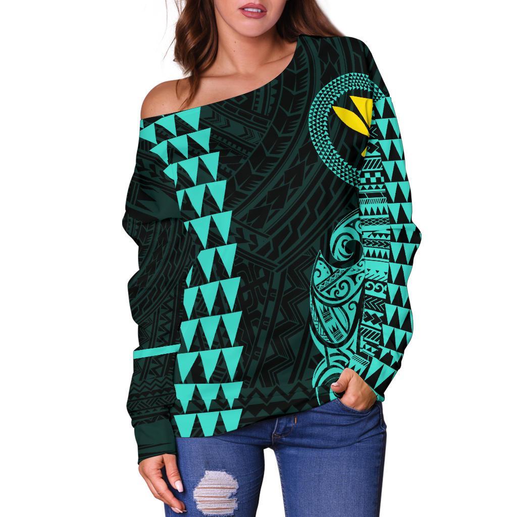 Hawaii Kanaka Polynesian Personalized Women's Off Shoulder Sweater - Turquoise - Polynesian Pride