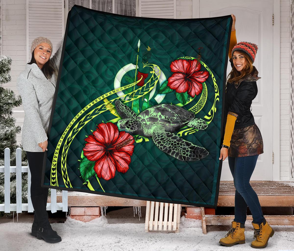 Vanuatu Polynesian Premium Quilt - Green Turtle Hibiscus - Polynesian Pride