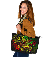 Chuuk Large Leather Tote Bag - Reggae Shark Polynesian Tattoo - Polynesian Pride