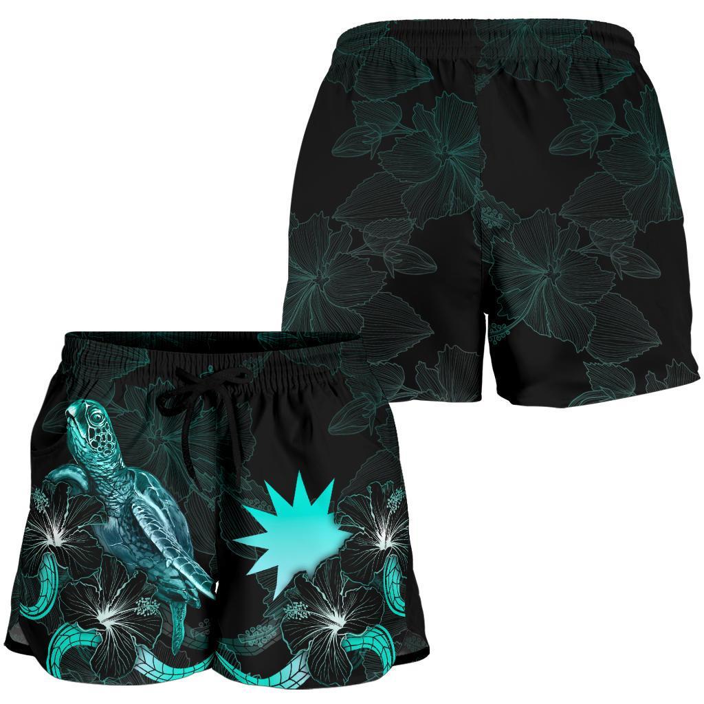 Nauru Polynesian Women's Shorts - Turtle With Blooming Hibiscus Turquoise - Polynesian Pride