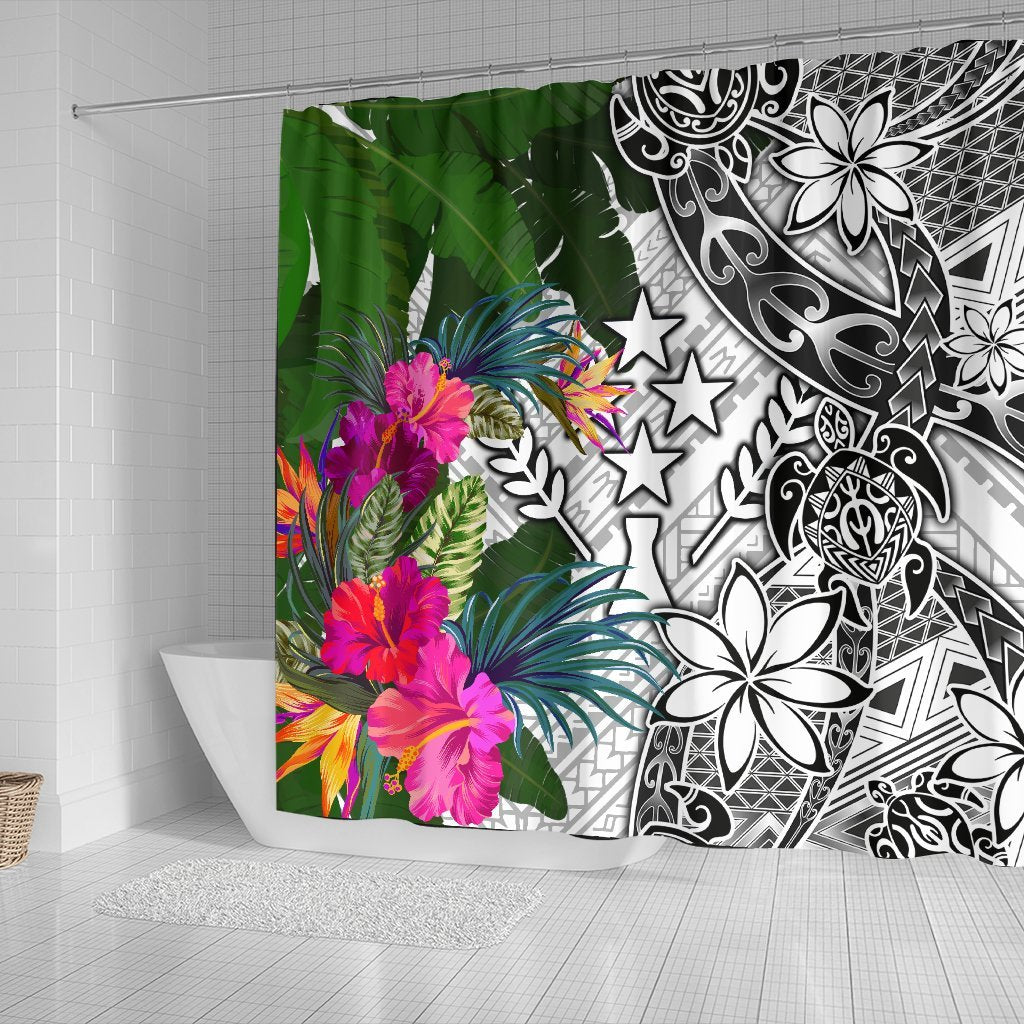 Kosrae Shower Curtain White - Turtle Plumeria Banana Leaf - Polynesian Pride