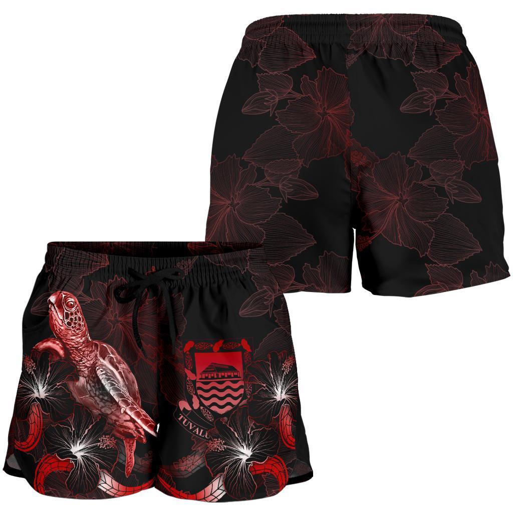 Tuvalu Polynesian Women's Shorts - Turtle With Blooming Hibiscus Red - Polynesian Pride