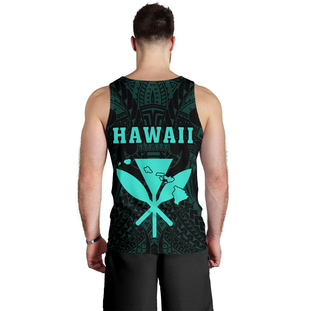 Hawaii Kakau Makau Fish Hook Kanaka Map Men's Tank Top Polynesian - Turquoise - Polynesian Pride