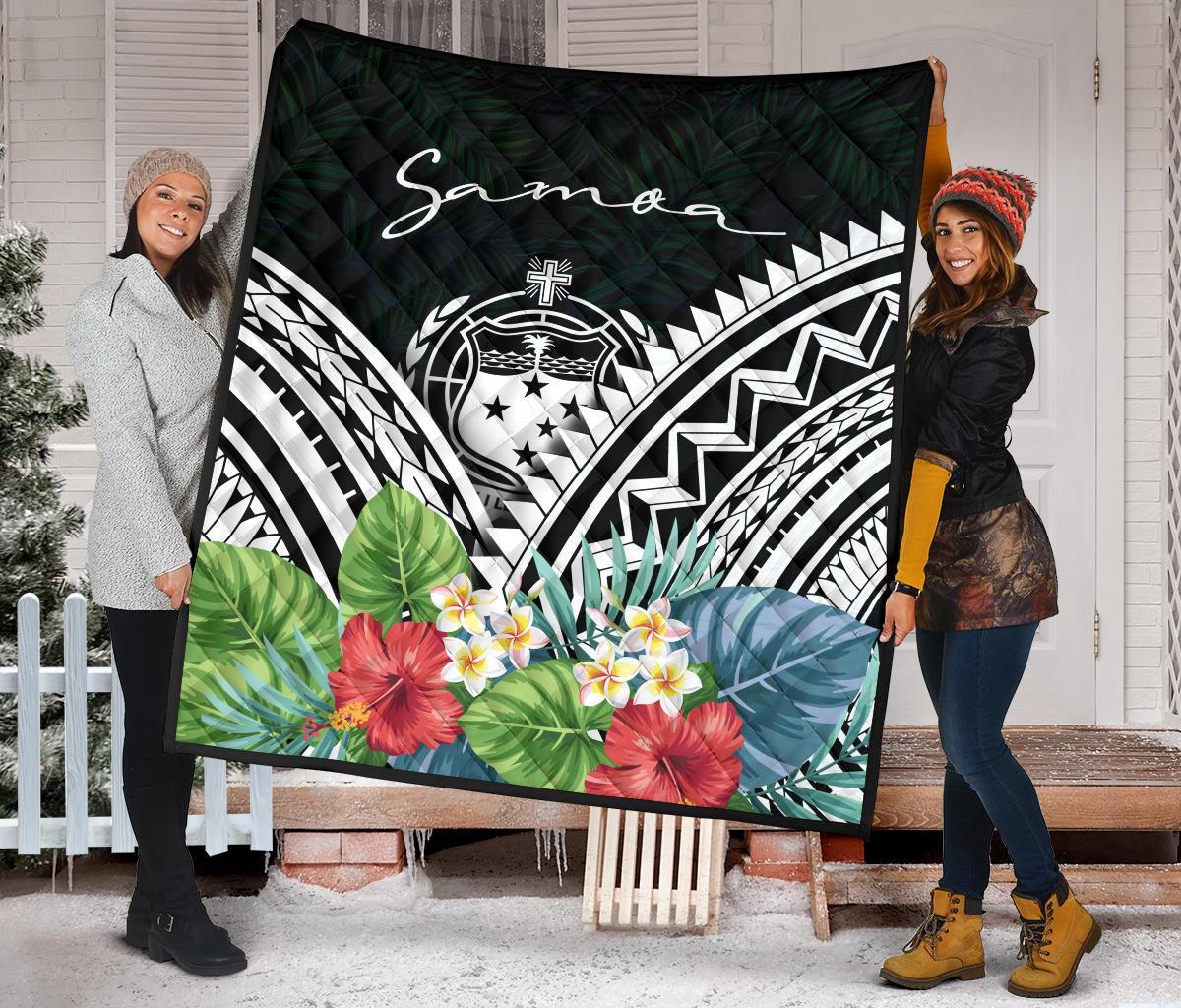Samoa Premium Quilt - Samoa Coat of Arms & Polynesian Tropical Flowers White - Polynesian Pride
