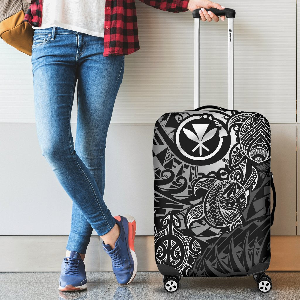 Polynesian Hawaii (Kanaka Maoli) Luggage Cover - Black Hibiscus Turtle Flowing - Polynesian Pride