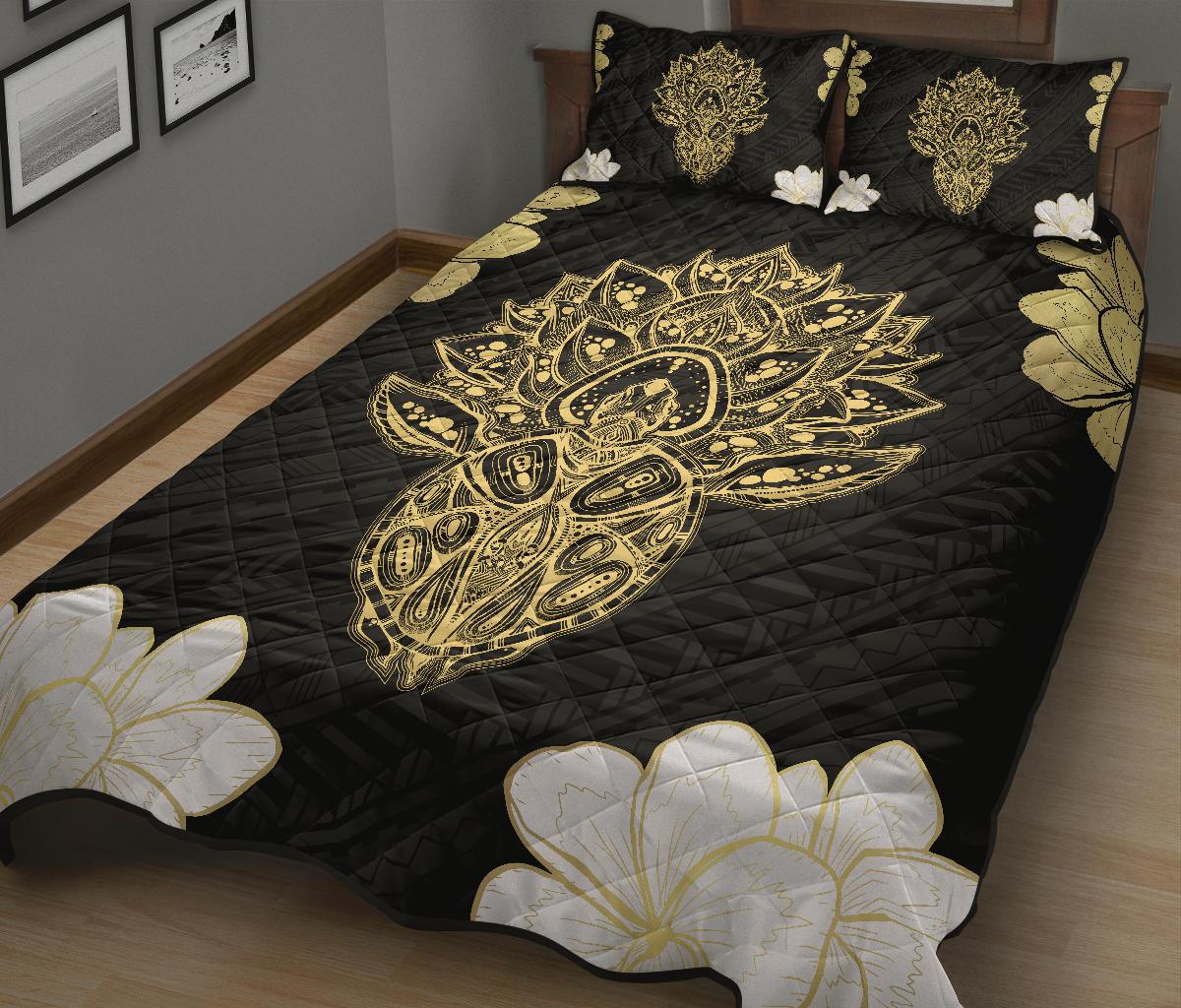 Hawaii Polynesian Turtle Mix Plumeria Gold - Quilt Bed Set AH - Polynesian Pride