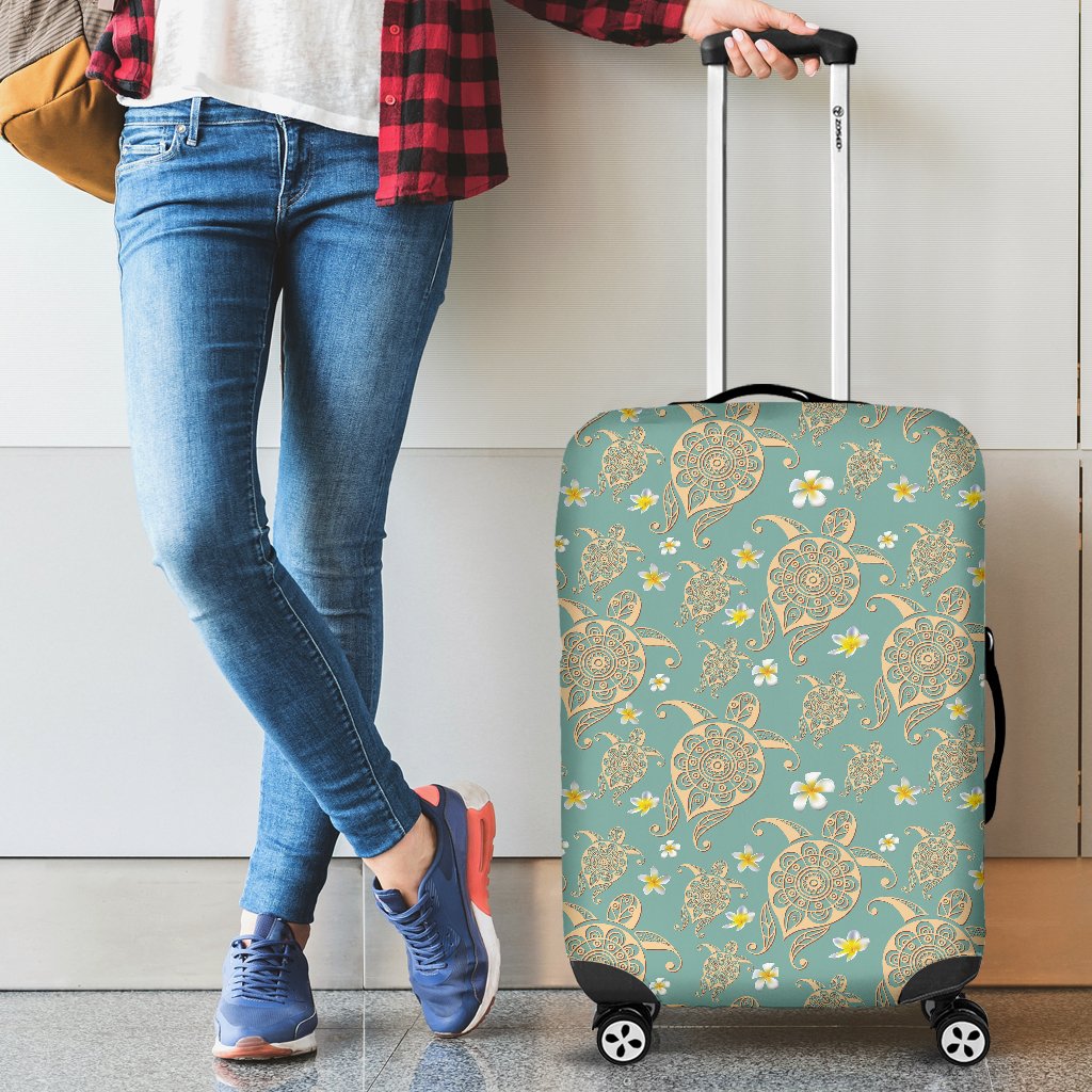 Turtle And Plumeria Luggage Cover Black - Polynesian Pride