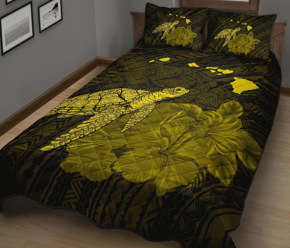 Hawaii Polynesian Hibiscus Turtle Map Quilt Bed Set - AH - Yellow - Polynesian Pride