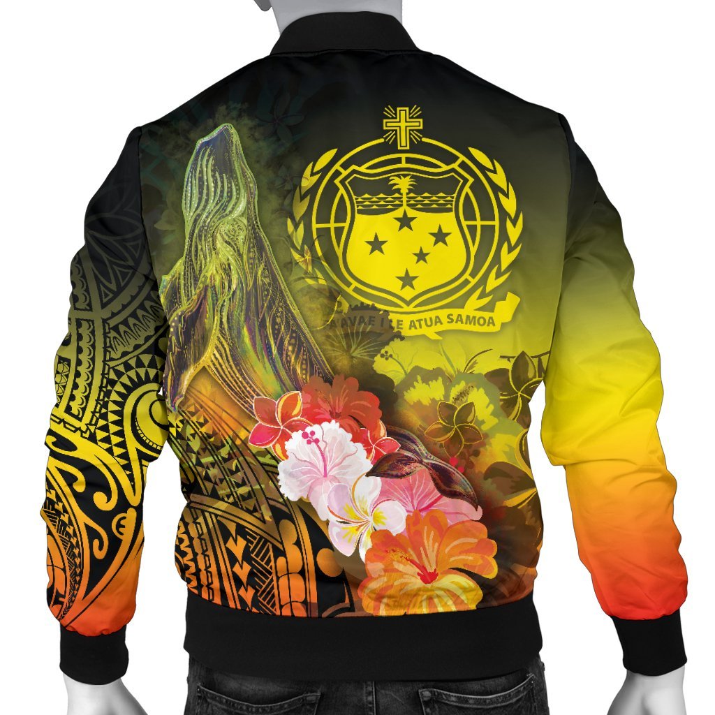 Samoa Men's Bomber Jacket - Humpback Whale with Tropical Flowers (Yellow) - Polynesian Pride