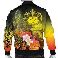 Samoa Men's Bomber Jacket - Humpback Whale with Tropical Flowers (Yellow) - Polynesian Pride