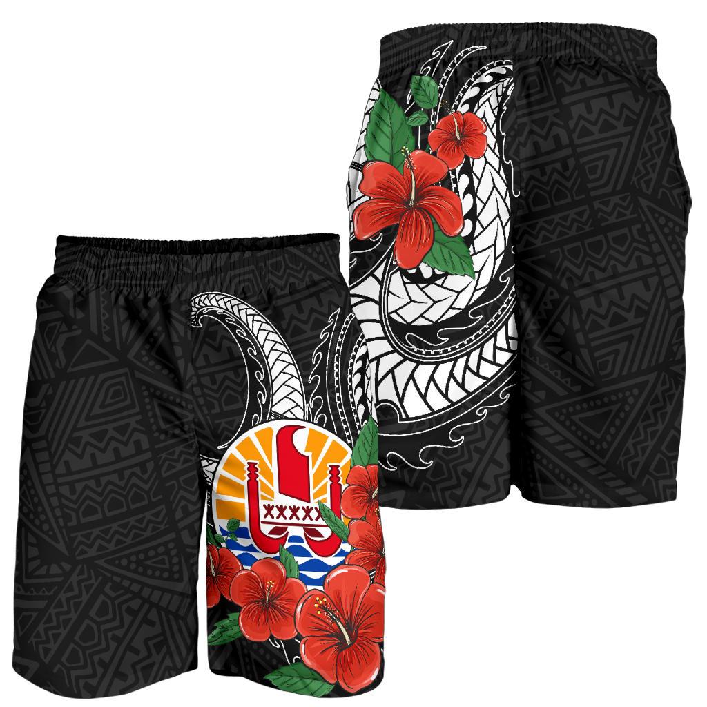 Tahiti Polynesian Men Shorts - Hibiscus Coat of Arm Black - Polynesian Pride