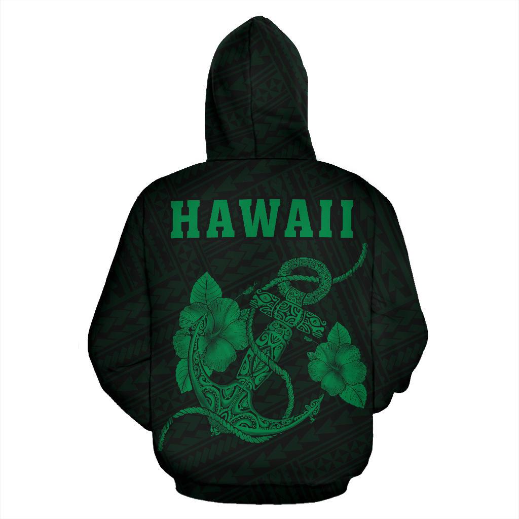 Polynesian Kakau Anchor Hibiscus Hawaii Hoodie Green - Polynesian Pride