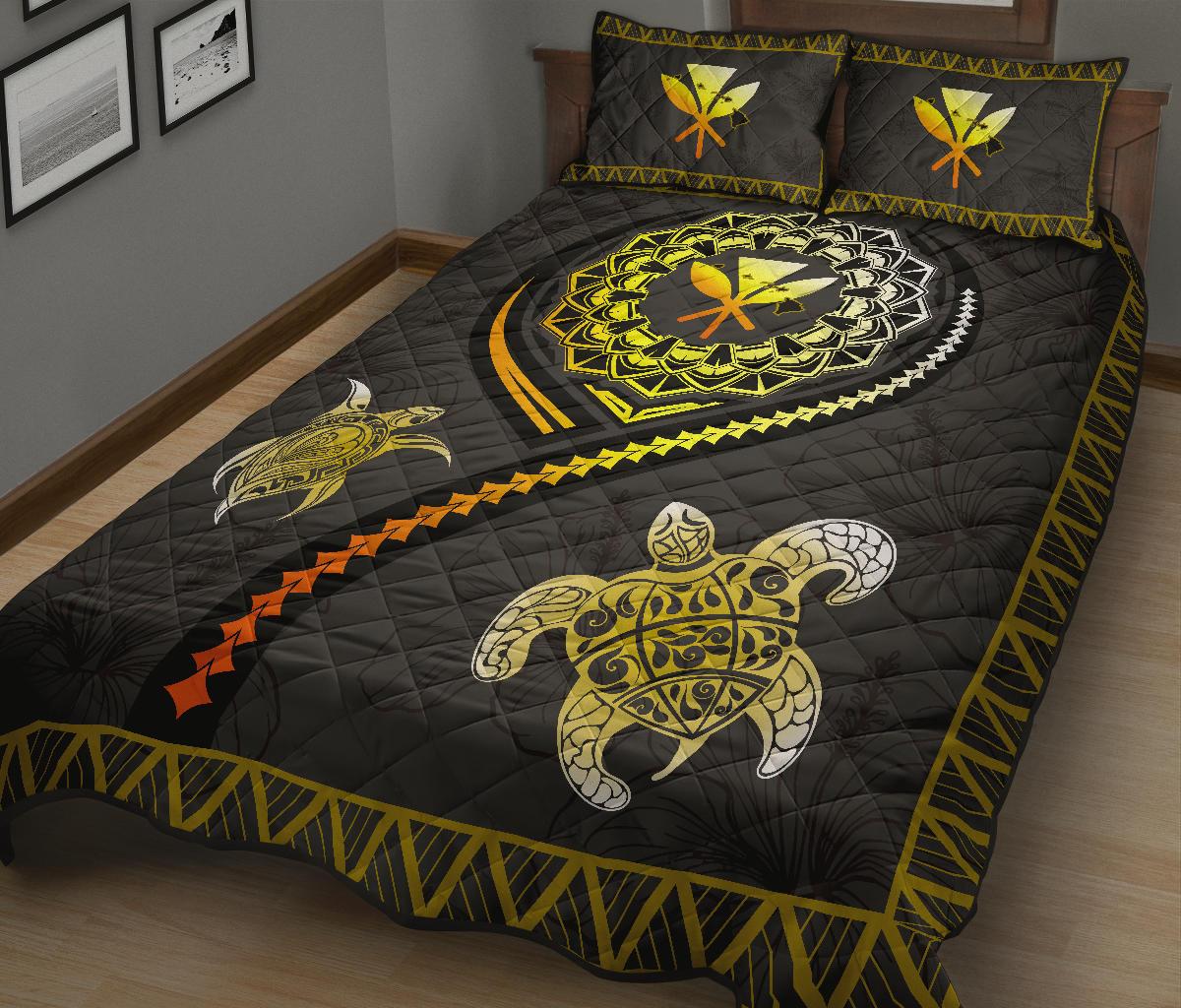 Hawaii Map Polynesian Turtle Hibiscus Gold - Quilt Bed Set AH - Polynesian Pride