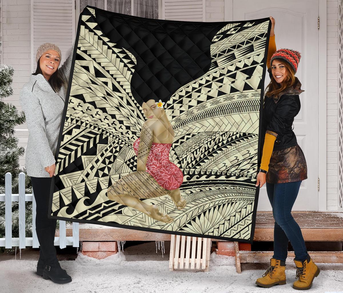 Hawaii Polynesian Hula Girl Wearing Plumeria Premium Quilt - Polynesian Pride