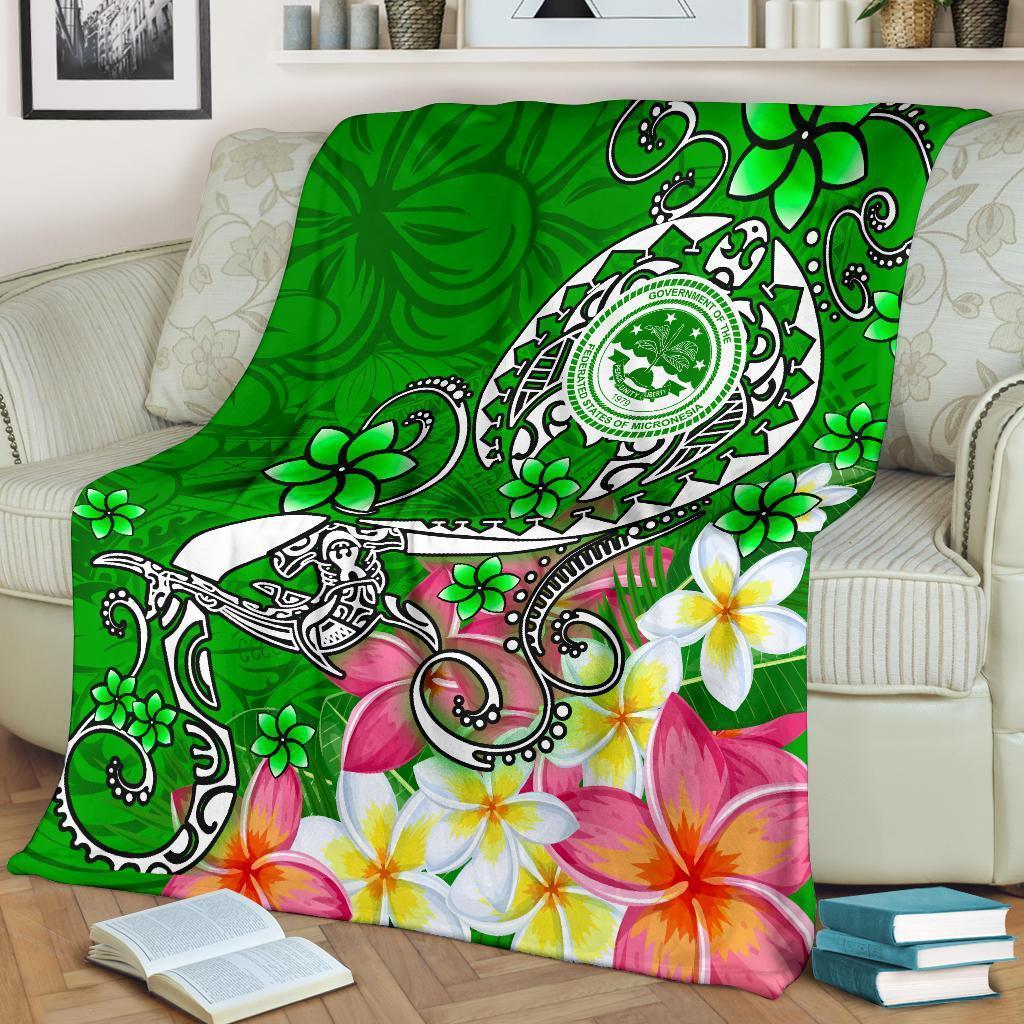 FSM Premium Blanket - Turtle Plumeria (Green) White - Polynesian Pride