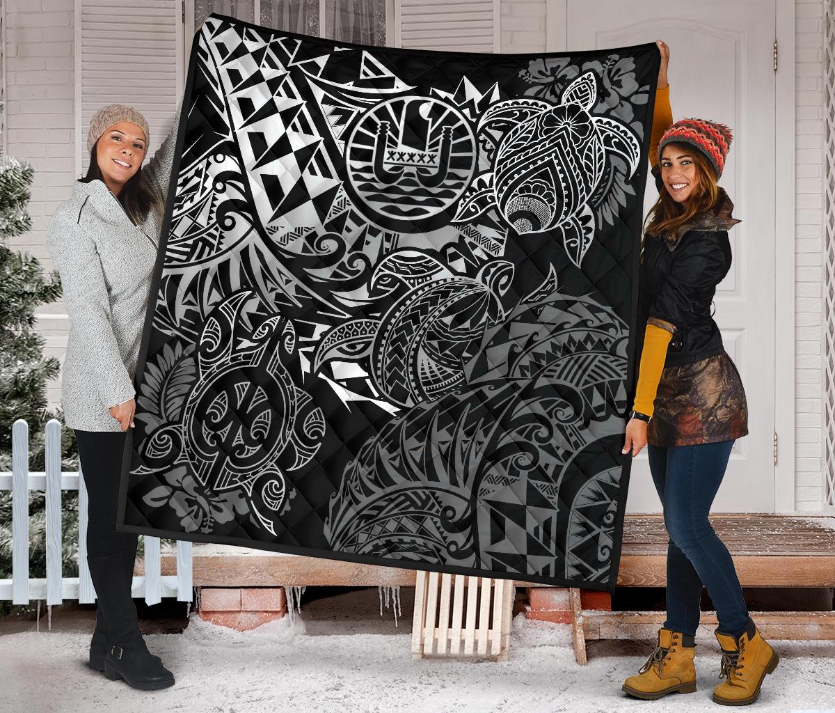 Tahiti Polynesian Premium Quilt - White Turtle Hibiscus Flowing - Polynesian Pride