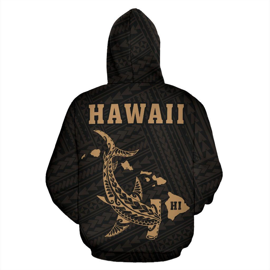 Polynesian Kakau Hammerhead Shark Map of Hawaii Zip Hoodie Gold - Polynesian Pride